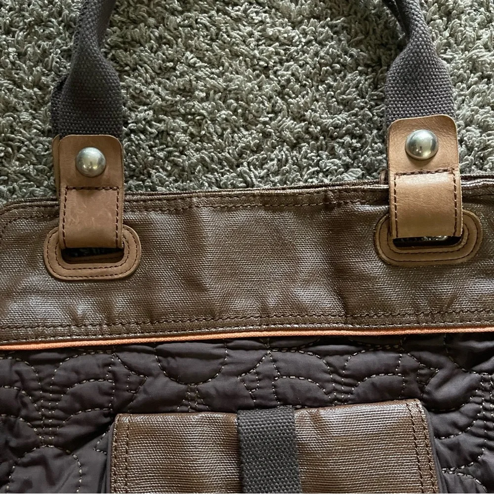 Fossil KeyPer Quilted Brown Leather Trim Tote Shoulder Bag Purse Cottagecore SEE - Picture 7 of 16